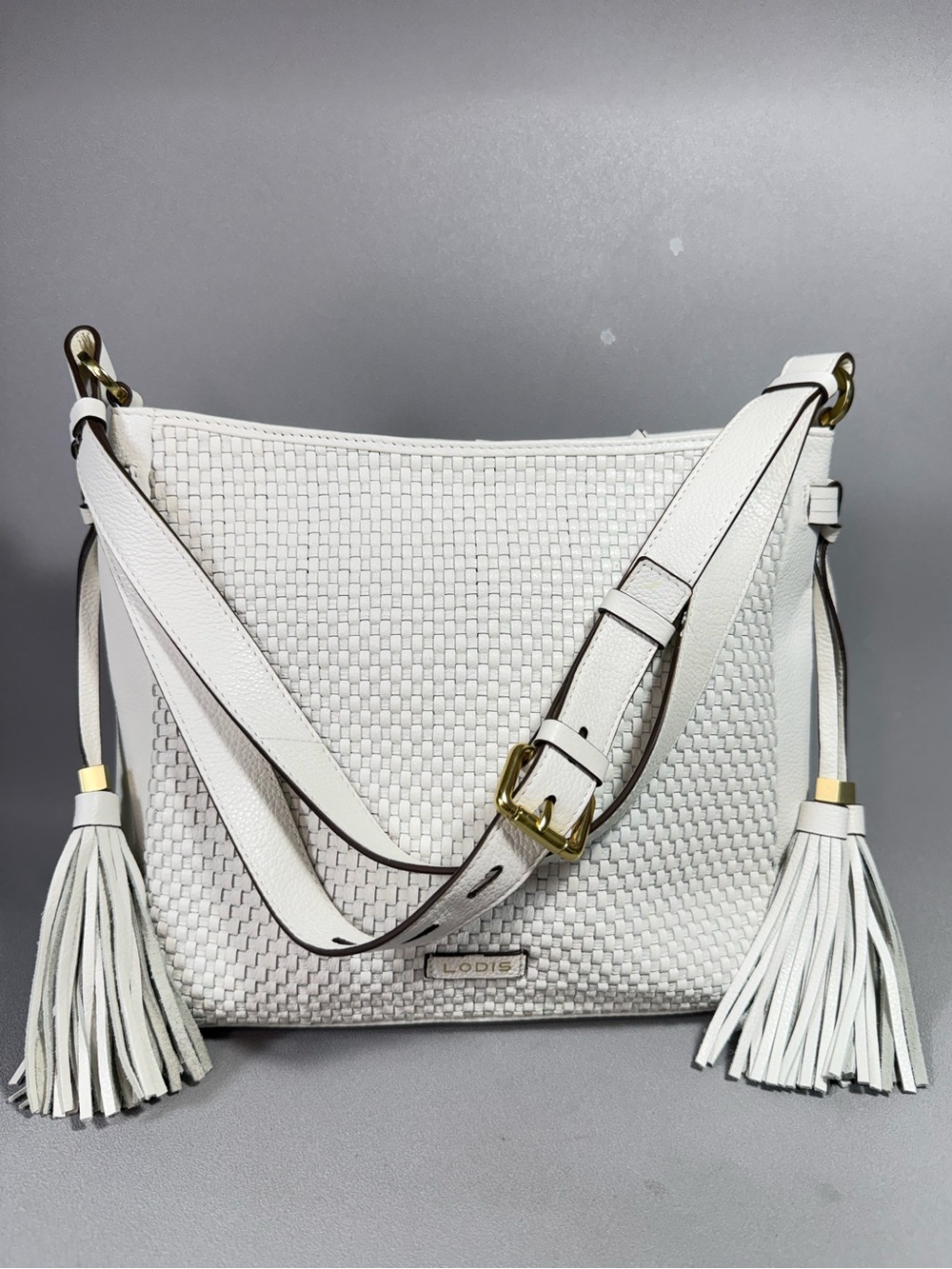 Lodis 1965 White Woven Leather Shoulder Bag with Tassels